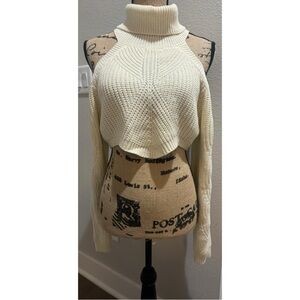 Edikted Shoulder Cutout Turtleneck Crop Sweater in Cream